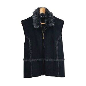Lisa International Women's Size XL Black Vest Gray Fur Faux Suede Zipper